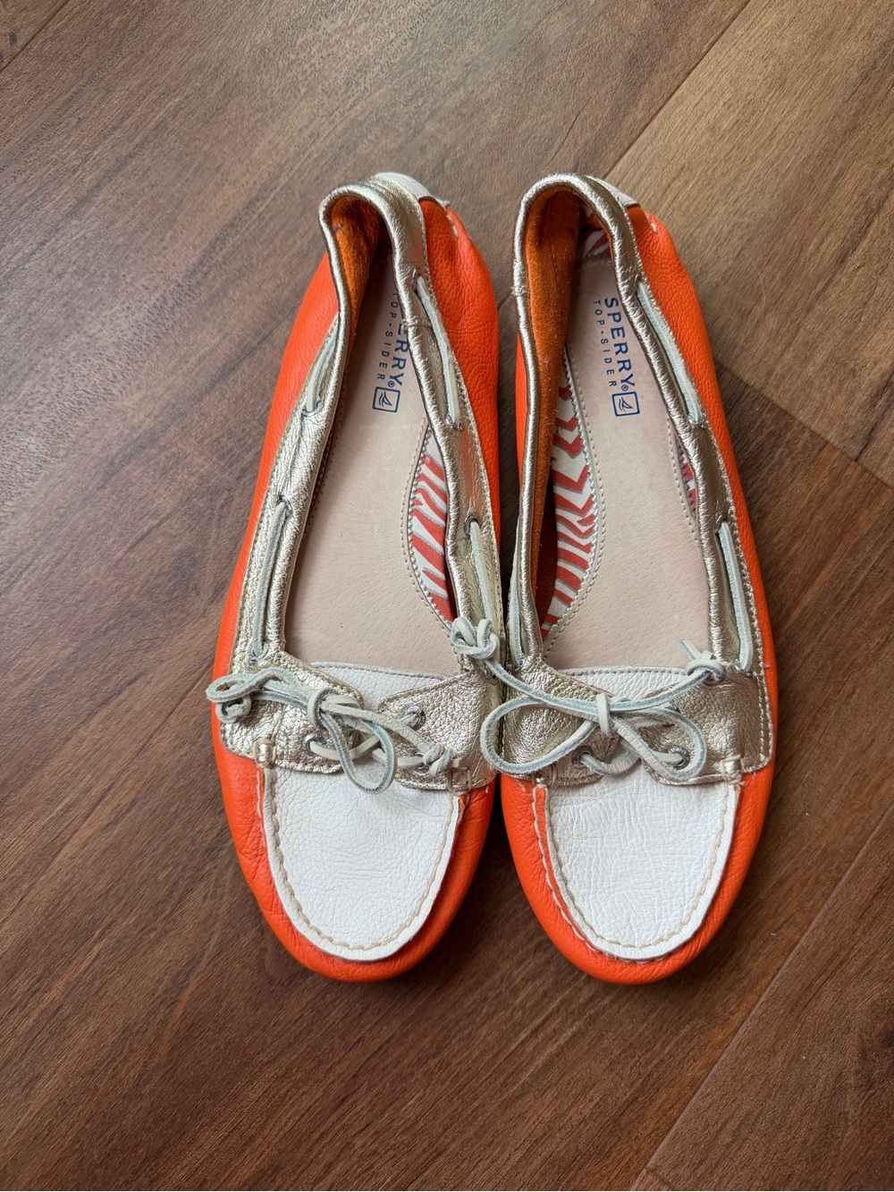 Sperry Women’s Orange, White, and Champagne Gold Leather Boat Loafers